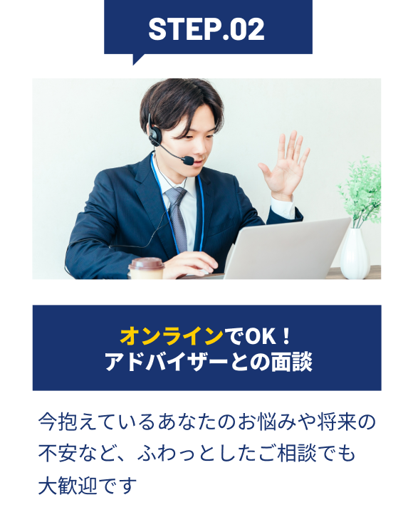STEP02 オンラインでOK!アドバイザーとの面談 | 今抱えているあなたのお悩みや、将来の不安など、ふわっとしたご相談でも大歓迎です。